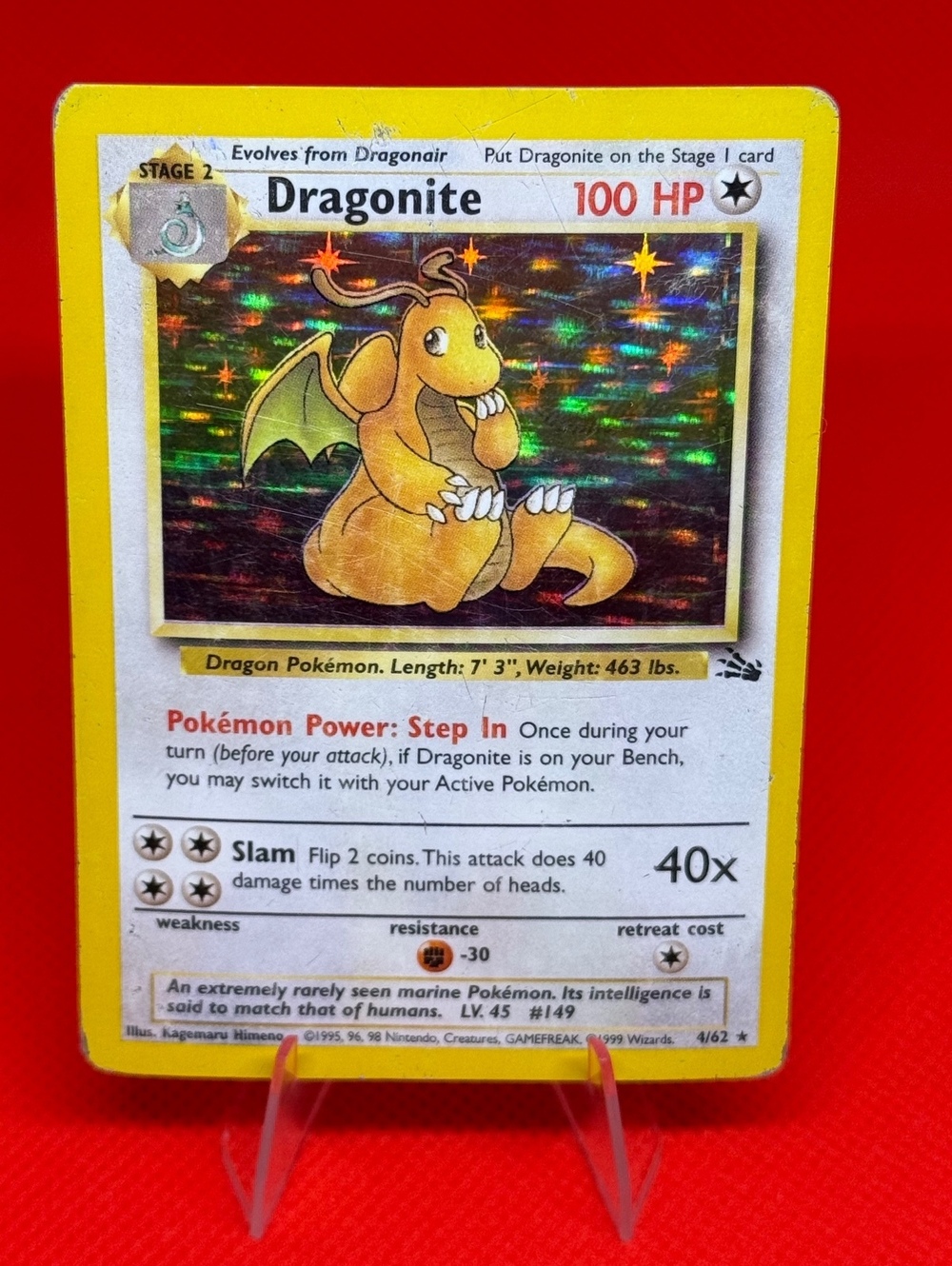 Dragonite 4/62 Fossil Holo Rare Unlimited 1999 Pokemon Card WOTC Cleaned